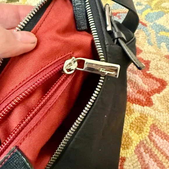 SALVATORE FERRAGAMO Silver Fittings Gancini Canvas Nylon Shoulder Bag Black/Red
